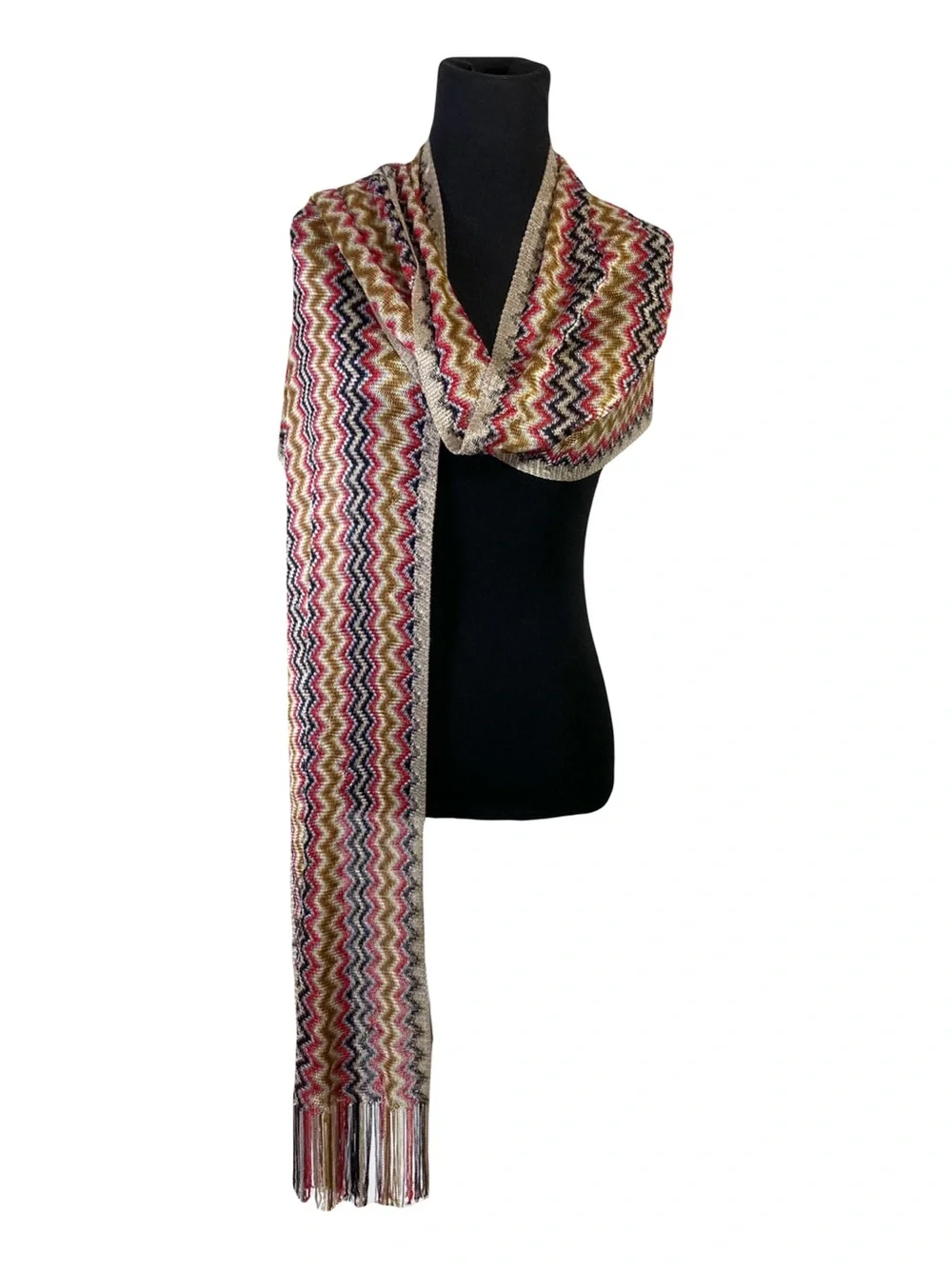MISSONI Scarf 14.4”x81” ITALY Chevron ZigZag Fringe Knit Multicolor